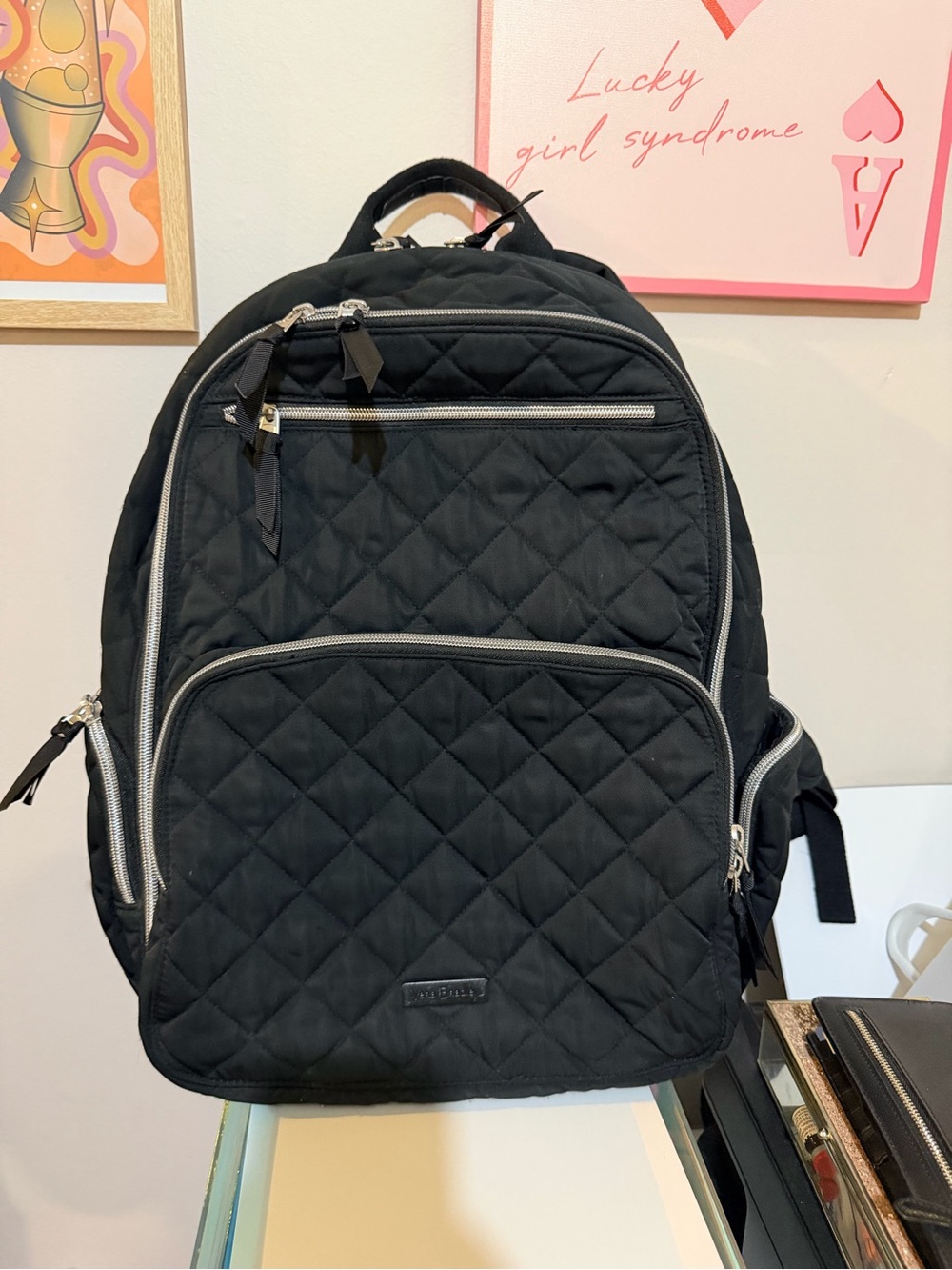 Vera Bradley Black Quilted Backpack with Silver Zippers